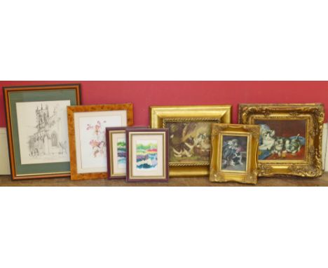 Three reproduction gilt framed cat prints and Haydn Jones, Nantwich Church, signed print and three D.J. Seddon signed prints 