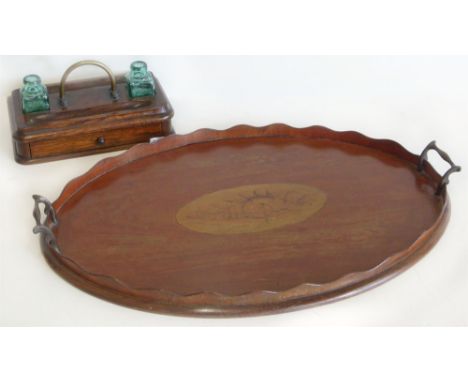 Edwardian oval mahogany shell inlaid tray on two bottle inkstand and silver plated matchbox holder Condition reports are not 