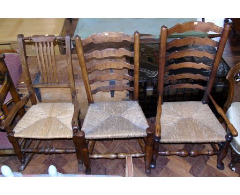 Elm rush seated rocking chair and two ladder-back chairs Condition reports are not available for our Interiors Sales.