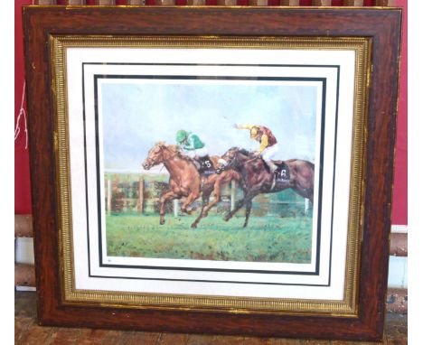 A large ornately framed signed limited edition horse racing print after Claire Eva Burton Condition reports are not available