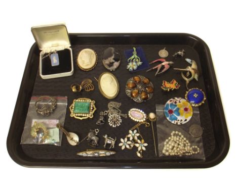 An assortment of costume jewellery to include silver Wedgwood ceramic pendant, banded agate brooch, Mille Fiori brooch, assor