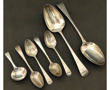 Two Georgian dessert spoons, marks for Peter & William Bateman and a Georgian tea caddy spoon, Gross weight of set 189g Condi