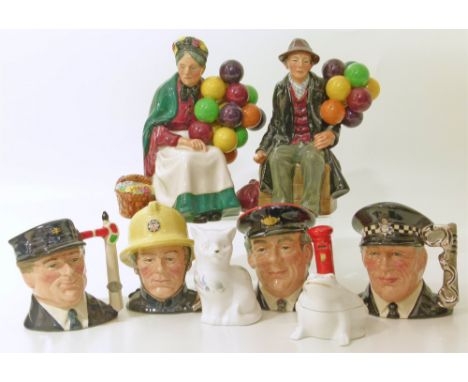 Royal Balloon Seller, Balloon Man, together with character jugs: fireman, policeman, postman and engine driver with certifica