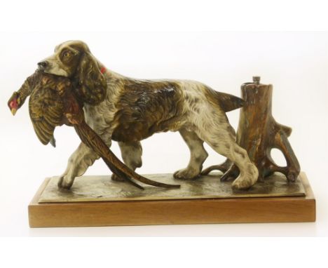 Painted spelter spaniel and pheasant table cigarette lighter Condition reports are not available for our Interiors Sales.