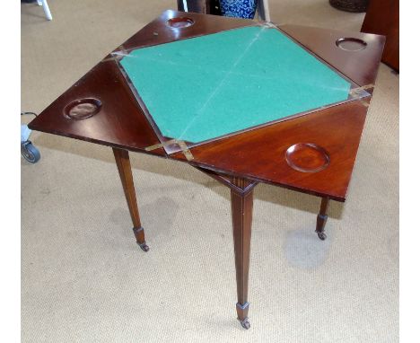 Edwardian mahogany and inlaid envelope card table on taper legs 56cm square. Condition reports are not available for our Inte