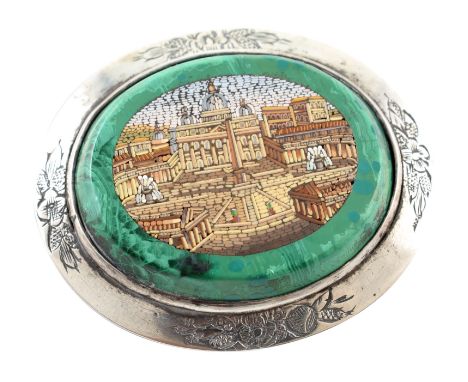 Victorian micro-mosaic brooch , central panel depicting hardstone micro-mosaic landscape of Rome set into polished malachite,