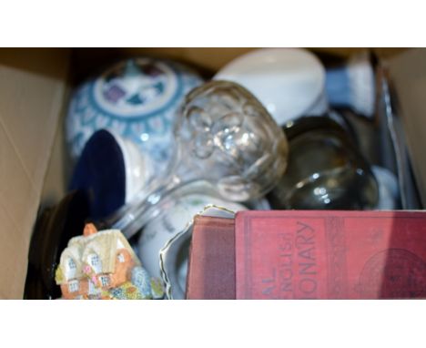 BOX CONTAINING CARLTON WARE DISH, GINGER JAR, E.P.N.S TRAY, VARIOUS ORNAMENTS, VASES, OLD BOOKS ETC     