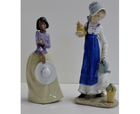 2 NAO FIGURINE ORNAMENTS, "GIRL WATERING PLANTS", "GIRL WITH BIRD     