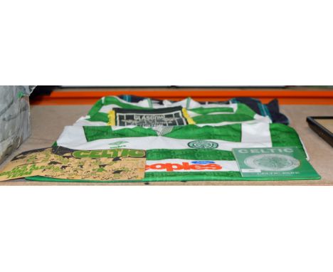 3 VINTAGE CELTIC FOOTBALL CLUB FOOTBALL SHIRTS, 2 CELTIC WALL HANGINGS AND THE CELTIC "IT’S A GRAND OLD TEAM TO PLAY FOR" PAM