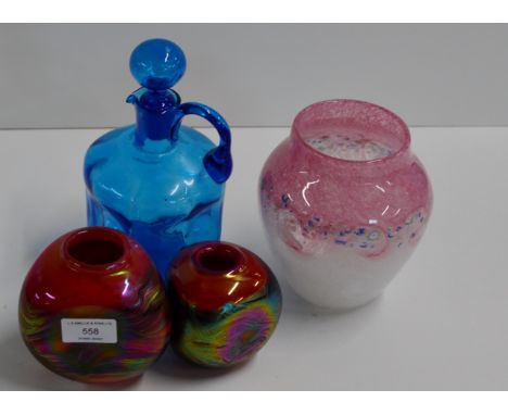 QUANTITY OF VARIOUS COLOURED GLASS VASES AND DECANTER, MALTA GLASS VASES AND PERTHSHIRE GLASS COLOURED GLASS VASE     