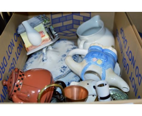 BOX CONTAINING VARIOUS OLD TEAPOTS, COPPER, CERAMIC, BLUE AND WHITE WARE, E.P.N.S VASE, SMALL ORNAMENTS, VARIOUS PART TEA SET