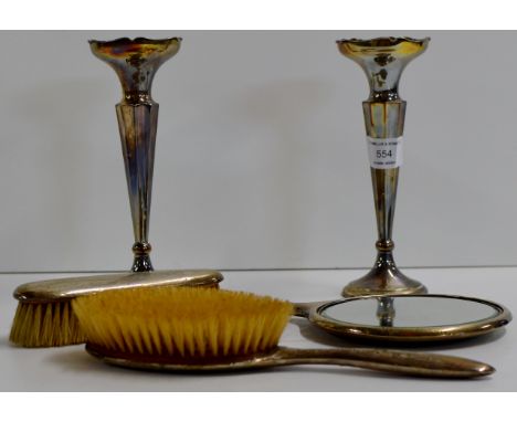 PAIR OF CHESTER SILVER CANDLESTICK HOLDERS AND BRUSH SET AND MIRROR     