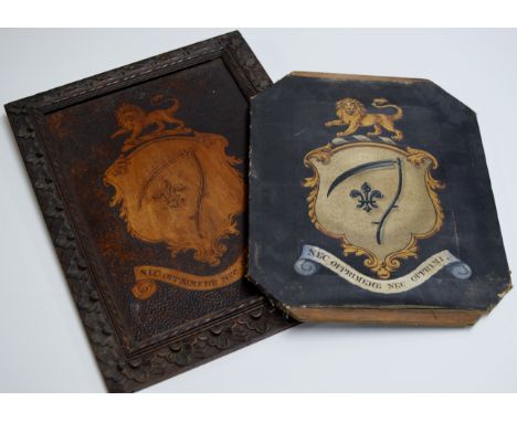17" OLD PAINTING ON CANVAS - A COAT OF ARMS, TOGETHER WITH A SIMILAR FRAMED POKER WORK EXAMPLE     