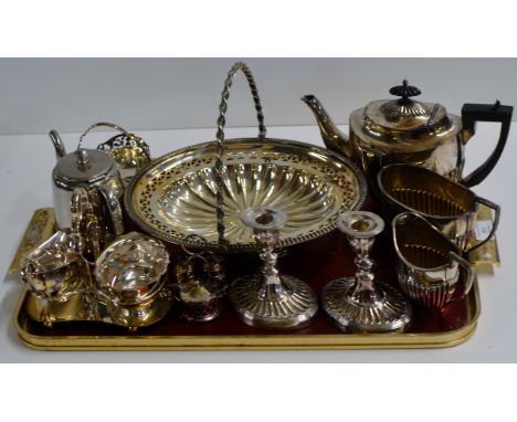 TRAY CONTAINING VARIOUS E.P.N.S WARE TEAPOT, COFFEE POT CANDLESTICK HOLDERS SMALL FRUIT TRAY ETC     