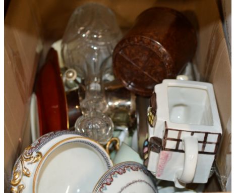 BOX CONTAINING QUANTITY OF VARIOUS CERAMICS, BAKELITE TUB, E.P.N.S WARE, CARLTON WARE DISH, GLASS DECANTER ETC     