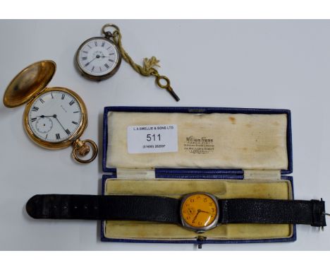 A CONTINENTAL SILVER CASED FOB WATCH, AN ELGIN GOLD PLATED HUNTER POCKET WATCH & A VINTAGE GENTS SILVER CASED PRESENTATION WR