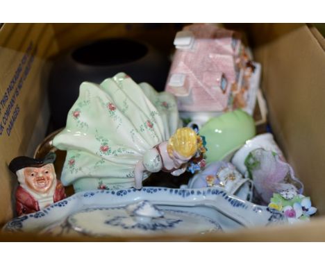 BOX CONTAINING VARIOUS CERAMICS, PARAGON, TOBY JUG, TOAST RACK, BLUE AND WHITE DINNER WARE, E.P.N.S WARE, TEAPOT, CARLTON WAR