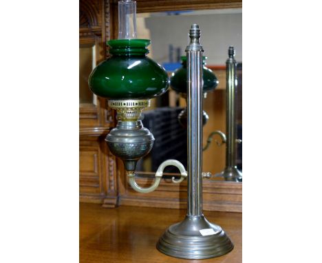 AN UNUSUAL SIDE ARM PARAFFIN LAMP WITH GREEN GLASS SHADE & GLASS FUNNEL     