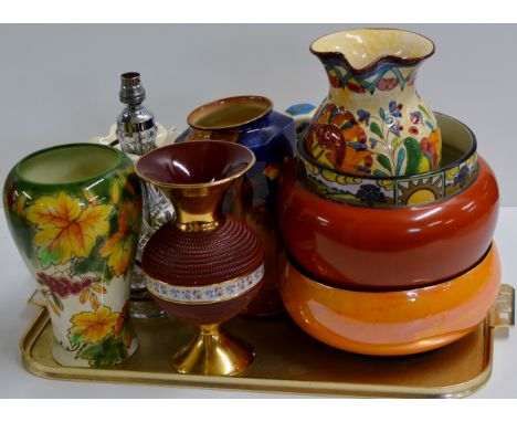 TRAY CONTAINING CUT GLASS LAMP, SYLVAC VASE, ONE OTHER VASE, H&K VASE, SCOTTISH LEADER DECANTERS AND VARIOUS OTHER VASES     