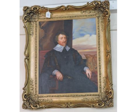 A reproduction on canvas half length portrait of a seated gentleman giltwood framed, 62 x 49cm