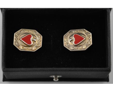 A pair of silver marked, enamel heart shaped cufflinks