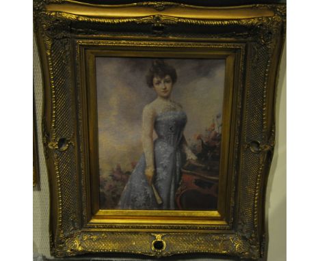 A reproduction Edwardian style portrait of a young lady in a blue dress, gilt framed, 39 x 28cm