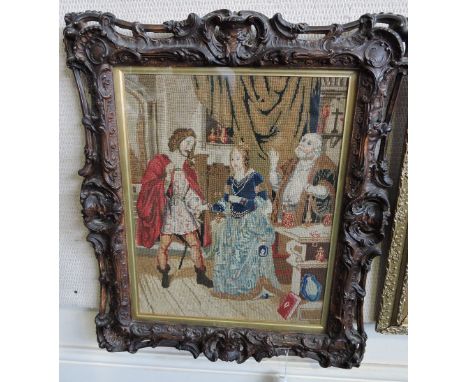 A late 19th Century Berlin tapestry panel woven with medieval figures in an interior