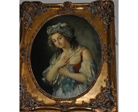 After Joshua Reynolds, an oval half length portrait of a young girl, gilt framed, 75 x 60cm
