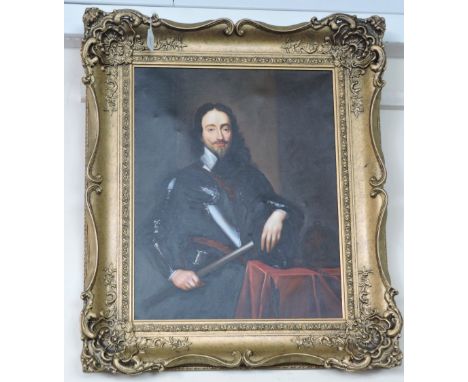A reproduction on canvas half length portrait of Charles I in armour, giltwood framed, 62 x 49cm