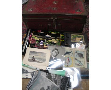 SINGAPORE: early 20th century metal trunk (with Singapore manufacturer's name stencilled on side) containing Japanese prints,