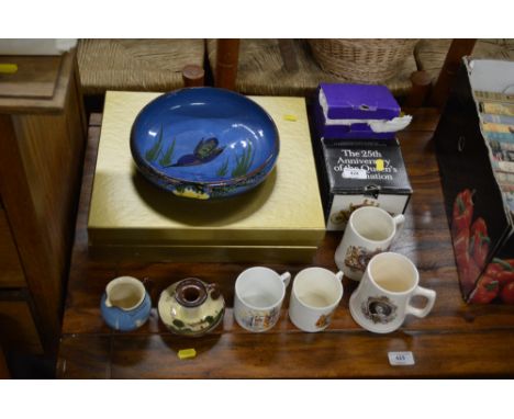 A collection of various commemorative china; Mottoware chamber stick etc