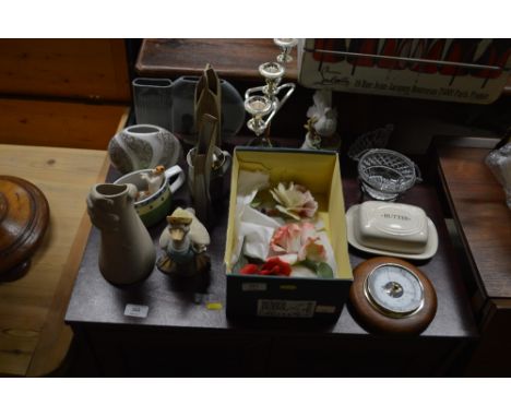 A silver plated three branch candelabra; a barometer; butter dish; various vases etc. 