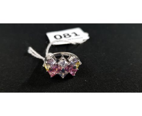 SILVER RING SET WITH PINK, WHITE AND PURPLE CRYSTALS
