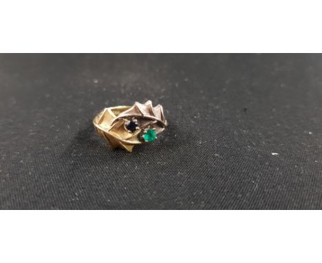 2 TONE 18CT GOLD RING WITH BLACK DIAMONDS AND EMERALD