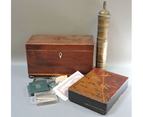A George III mahogany tea caddy, a 19th century Indian brass spice grinder, a Chinese brass ink box, and a box of loose coins