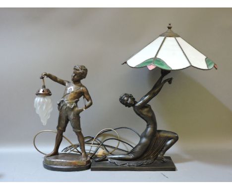 A 20th century composite table lamp, in the form of a classical maiden, and a further figural lamp, the largest 62cm tall