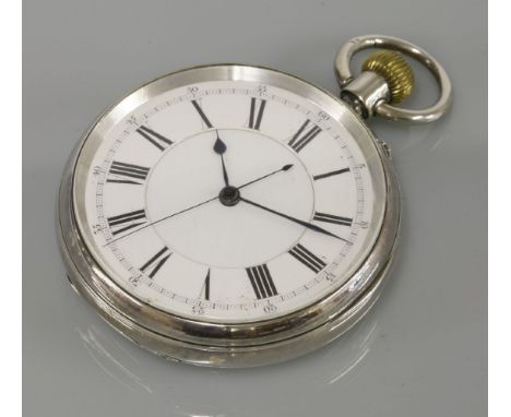 A silver cased open face pocket watch, the enamel dial with Roman numerals and Arabic minutes, the interior plate inscribed '