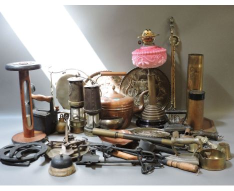 A collection of brass and copper, two miner's lamps, each inscribed Pentrich or Hailswood, a collection of keys, a large hour