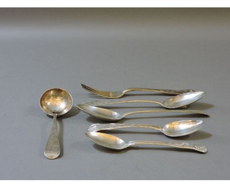 A small quantity of Georgian silver flatware, to include a sauce ladle, and two pairs of spoons