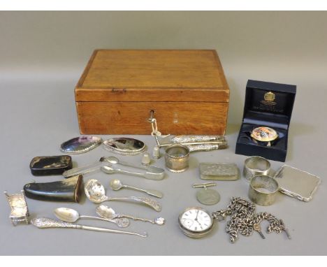 A silver cased pocket watch, two watch chains, a silver compact, a pair of folding silver handled glove stretchers, button ho