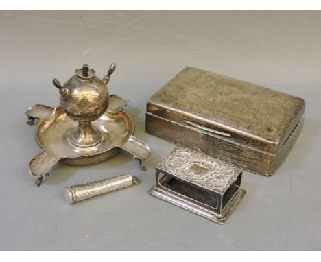 A silver cigarette lighter/ashtray, silver cigarette box, a vesta sleeve, and a cheroot case