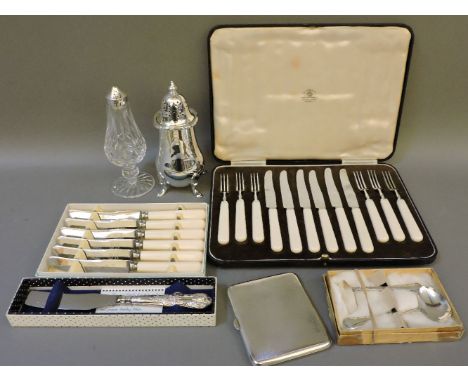 A silver engine turned cigarette case, a Mappin and Webb cased six place fruit set, and other flatware and plate