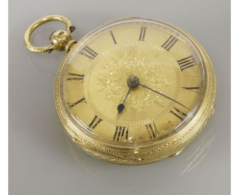 An 18ct gold ladies fob watch, with Roman numeral chapter ring, with blued spade hands and gold dial engraved with floral mot