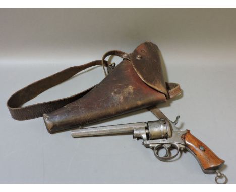 A French Lefaucheux 1858 model pistol, firing side pin ammunition, in leather holster