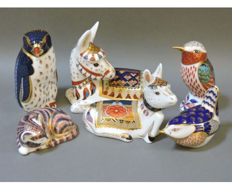A small quantity of Crown Derby paperweights, to include a rock hopper penguin, thistle, wren, and others