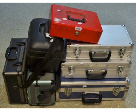 A graduated pair of rectangular metal case; others, camera case with fitted foam interiors, cash tin, etc (7)
