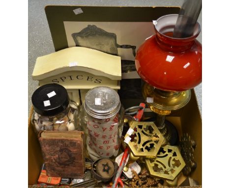 Boxes and Objects - a Duplex oil lamp; mid 20th century glass sweet jars; single fluke prong anchors; brass trivets; plated c