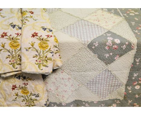Textiles - a pair of floral Damask curtains; a stitched patchwork quilt