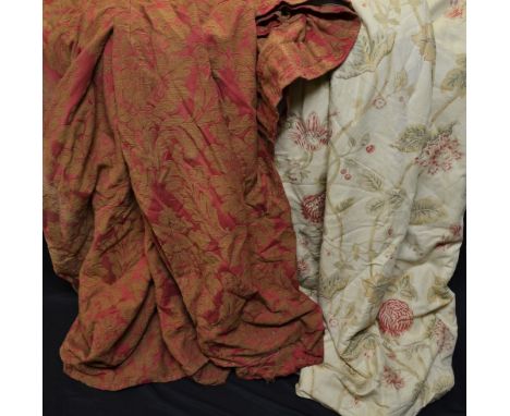 Textiles - a pair of lined curtains, pinky red flower, cream ground, 255cm drop, 193cm wide; another, single, larger, cream a