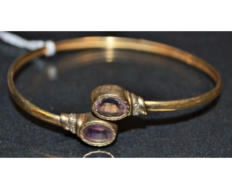 A pale pinky purple amethyst and diamond accented cuff bangle, Birmingham 1990, 8.2g gross